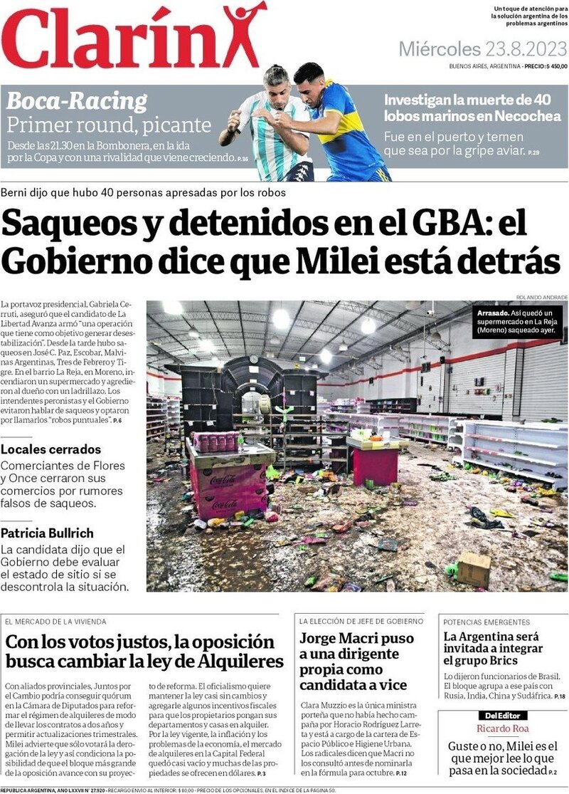 Prima Pagina Clarín 23/08/2023