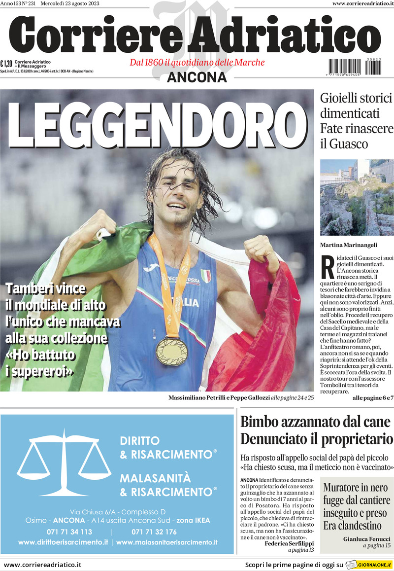Prima Pagina Corriere Adriatico (Ancona) 23/08/2023
