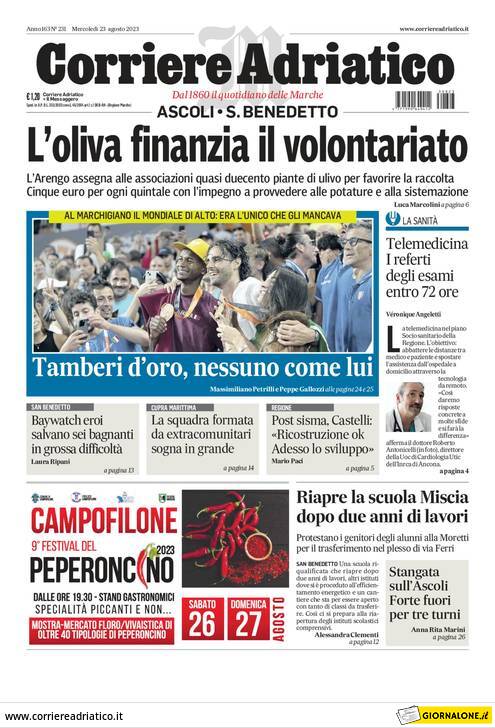 Prima Pagina Corriere Adriatico (Ascoli) 23/08/2023