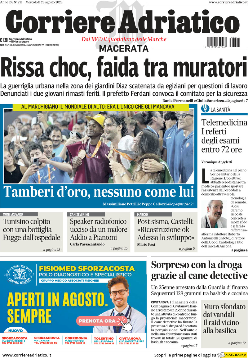 Prima Pagina Corriere Adriatico (Macerata) 23/08/2023