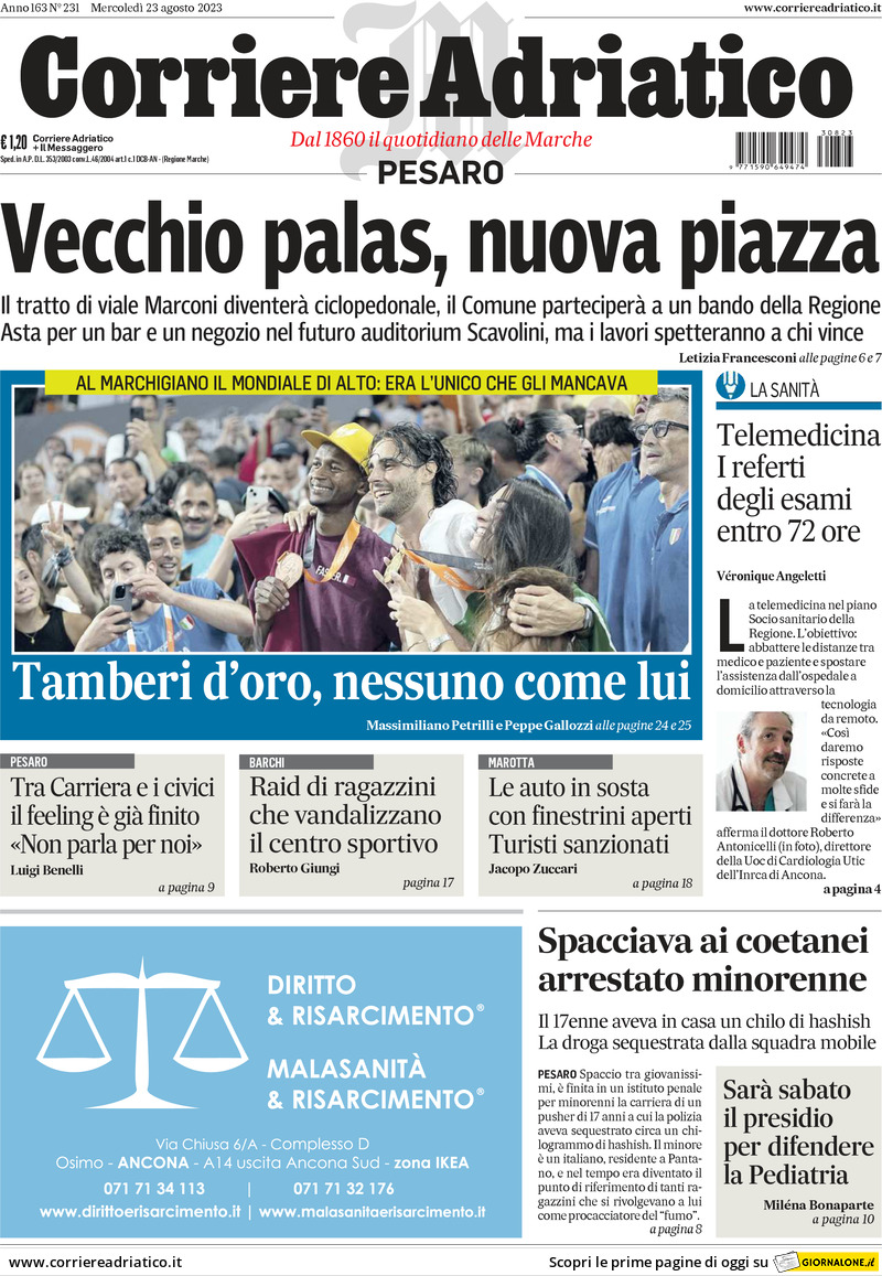 Prima Pagina Corriere Adriatico (Pesaro) 23/08/2023