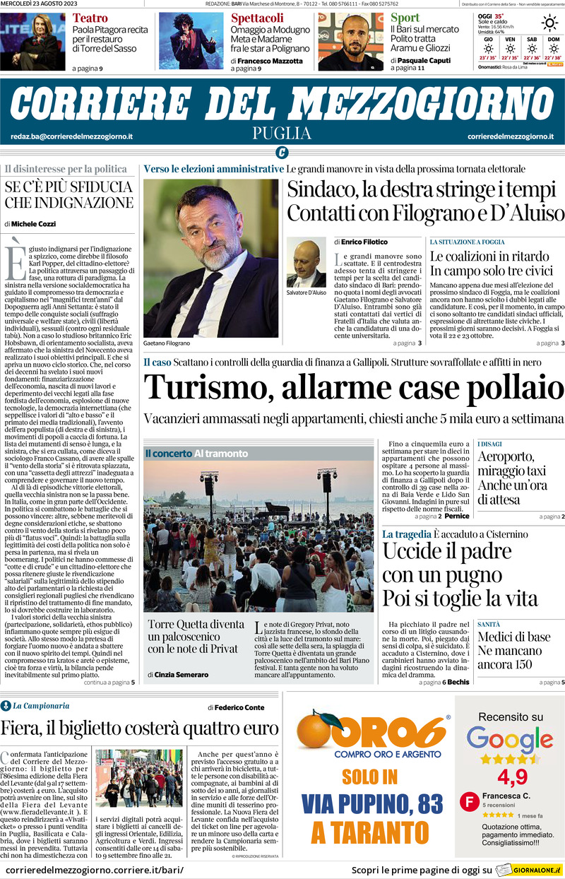 Prima Pagina Corriere del Mezzogiorno (Puglia) 23/08/2023