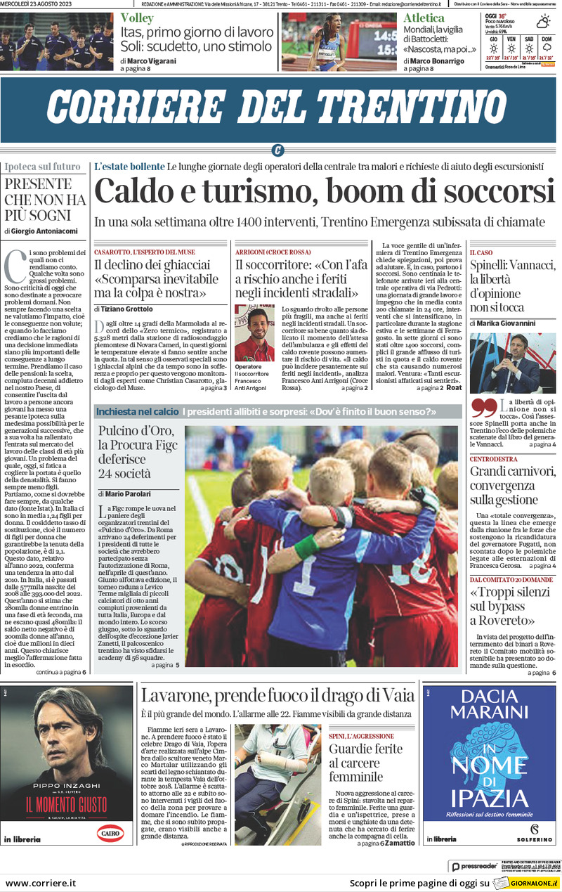 Prima Pagina Corriere del Trentino 23/08/2023