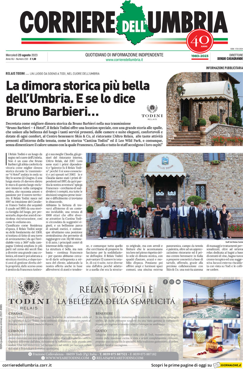 Prima Pagina Corriere dell'Umbria 23/08/2023