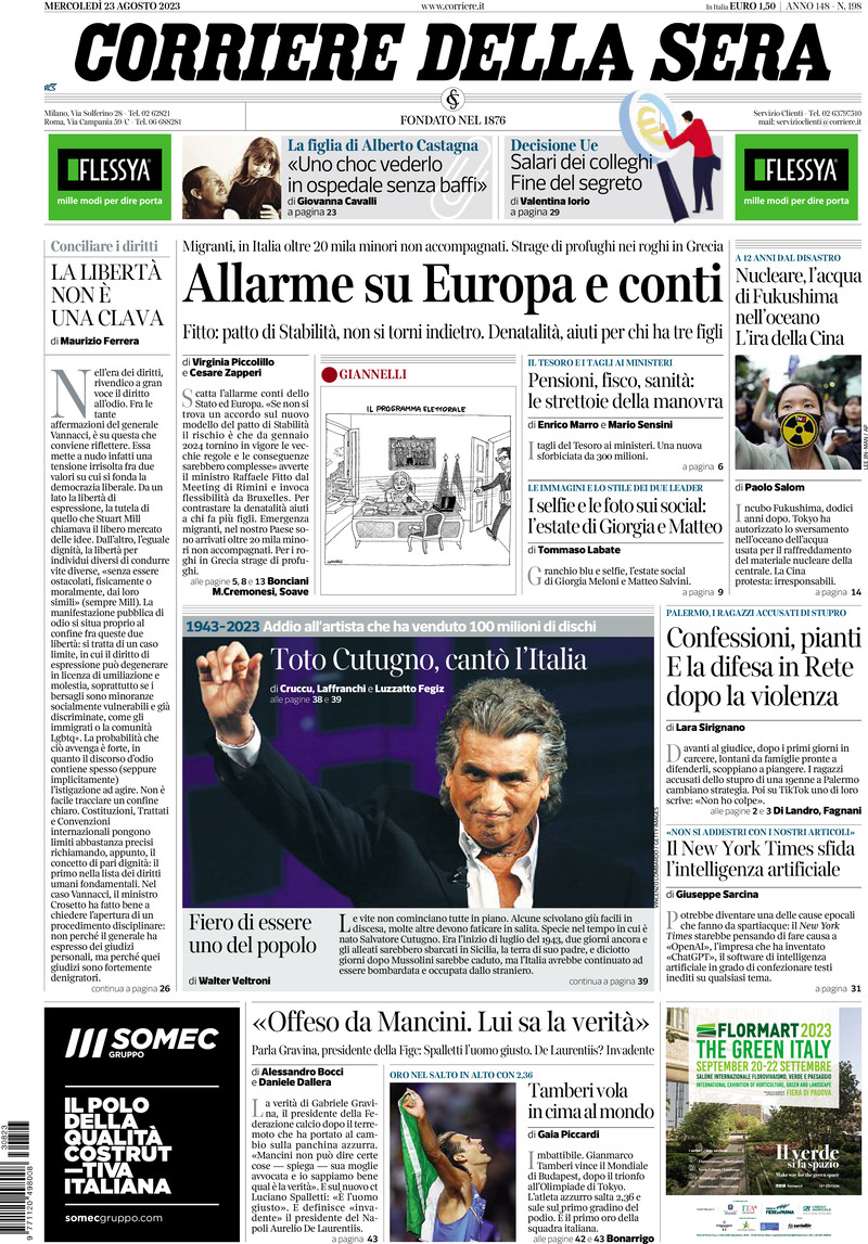 Prima Pagina Corriere della Sera 23/08/2023