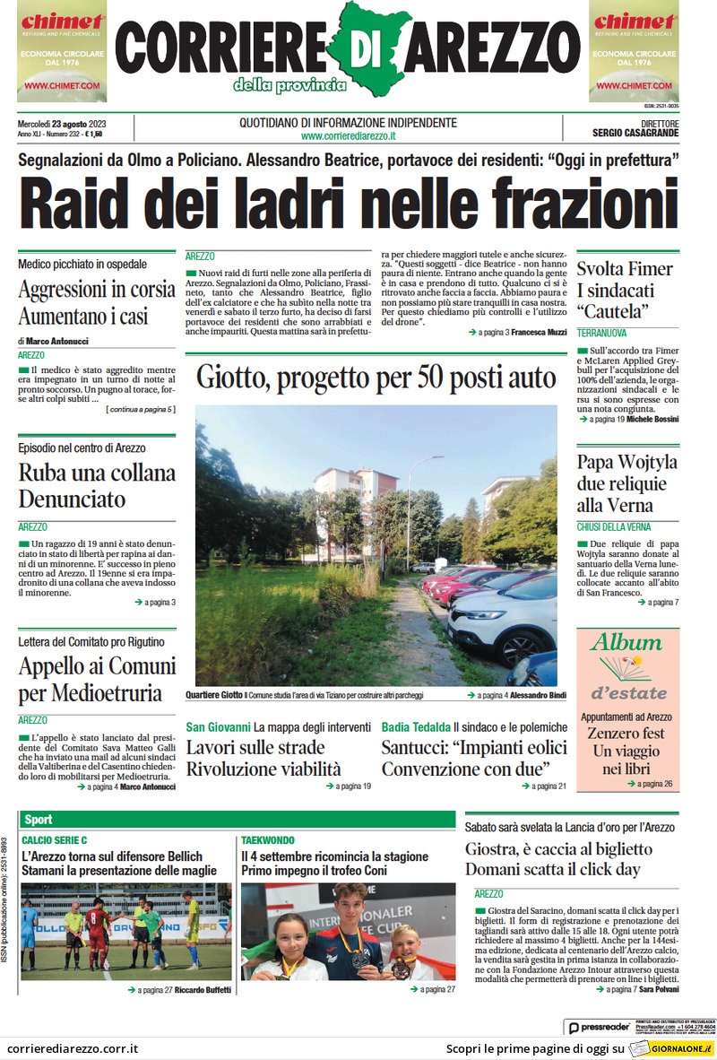 Prima Pagina Corriere di Arezzo 23/08/2023