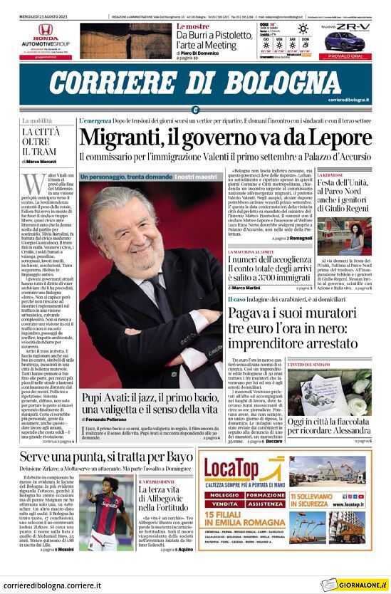 Prima Pagina Corriere di Bologna 23/08/2023