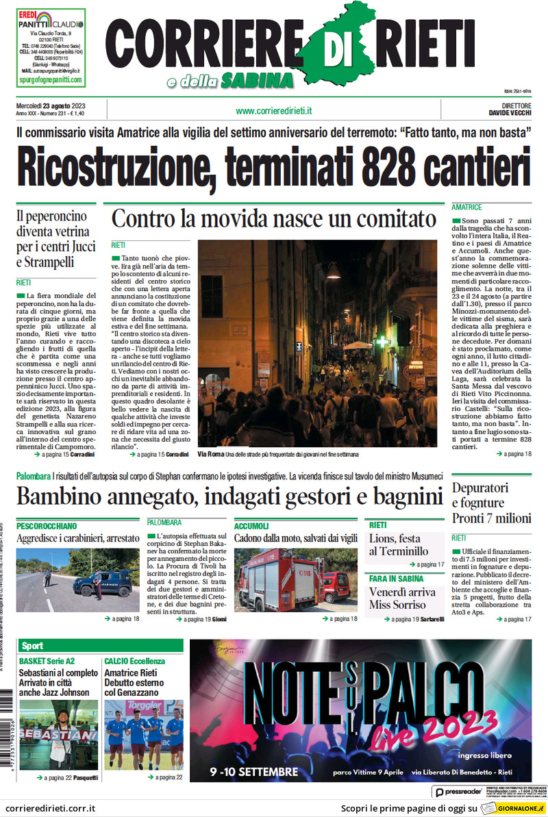 Prima Pagina Corriere di Rieti e della Sabina 23/08/2023