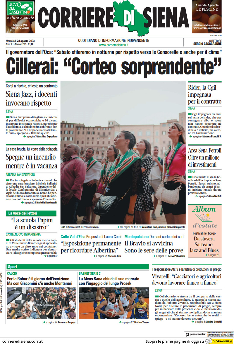 Prima Pagina Corriere di Siena 23/08/2023