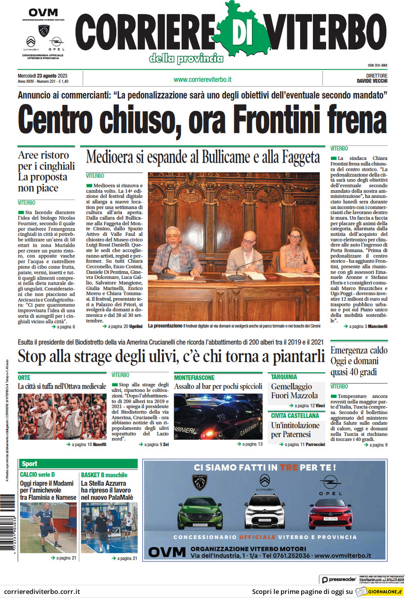 Prima Pagina Corriere di Viterbo 23/08/2023