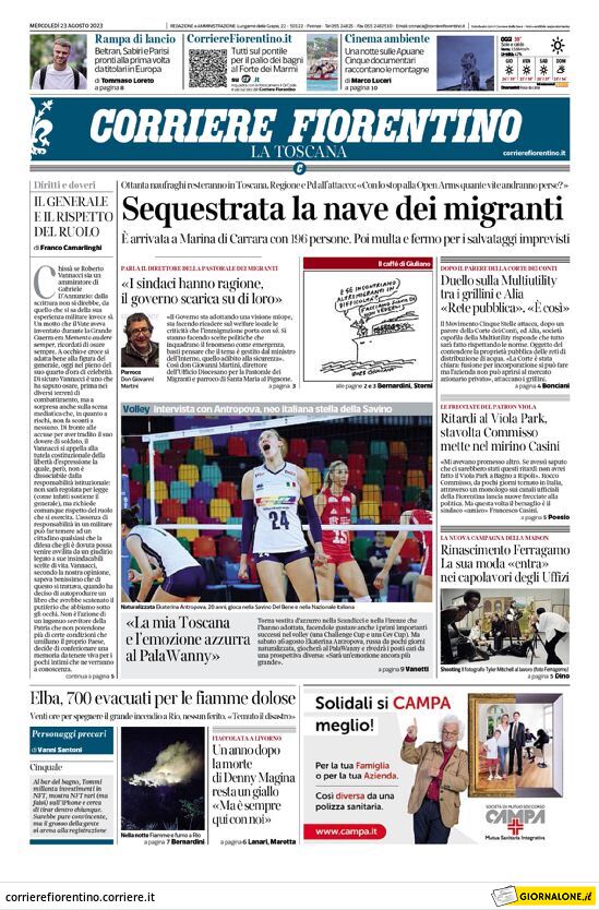 Prima Pagina Corriere Fiorentino 23/08/2023