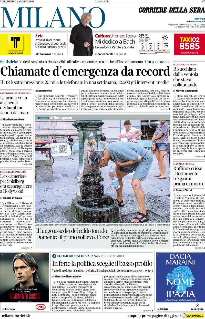 Prima Pagina Corriere della Sera (Milano) 23/08/2023