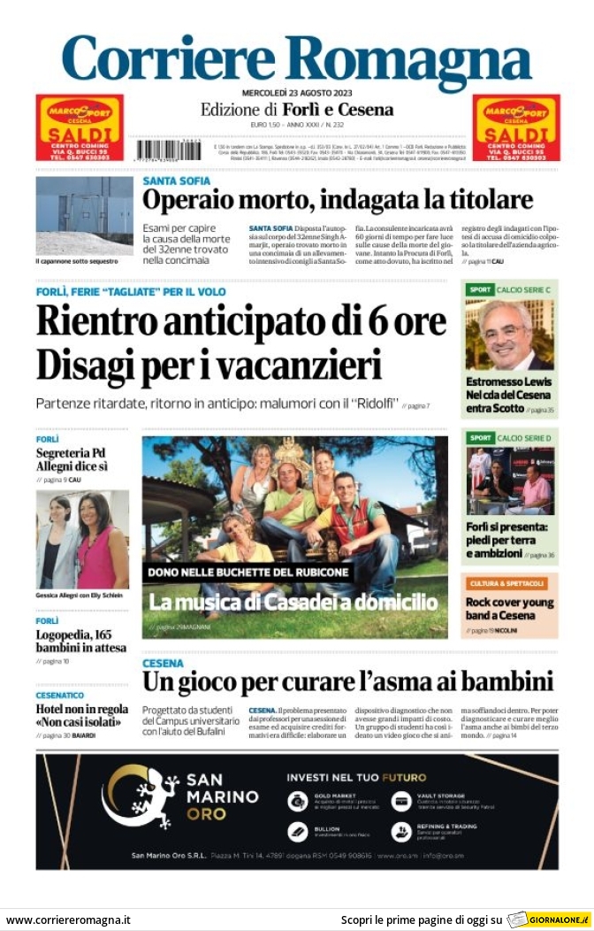 Prima Pagina Corriere Romagna (Forlì e Cesena) 23/08/2023