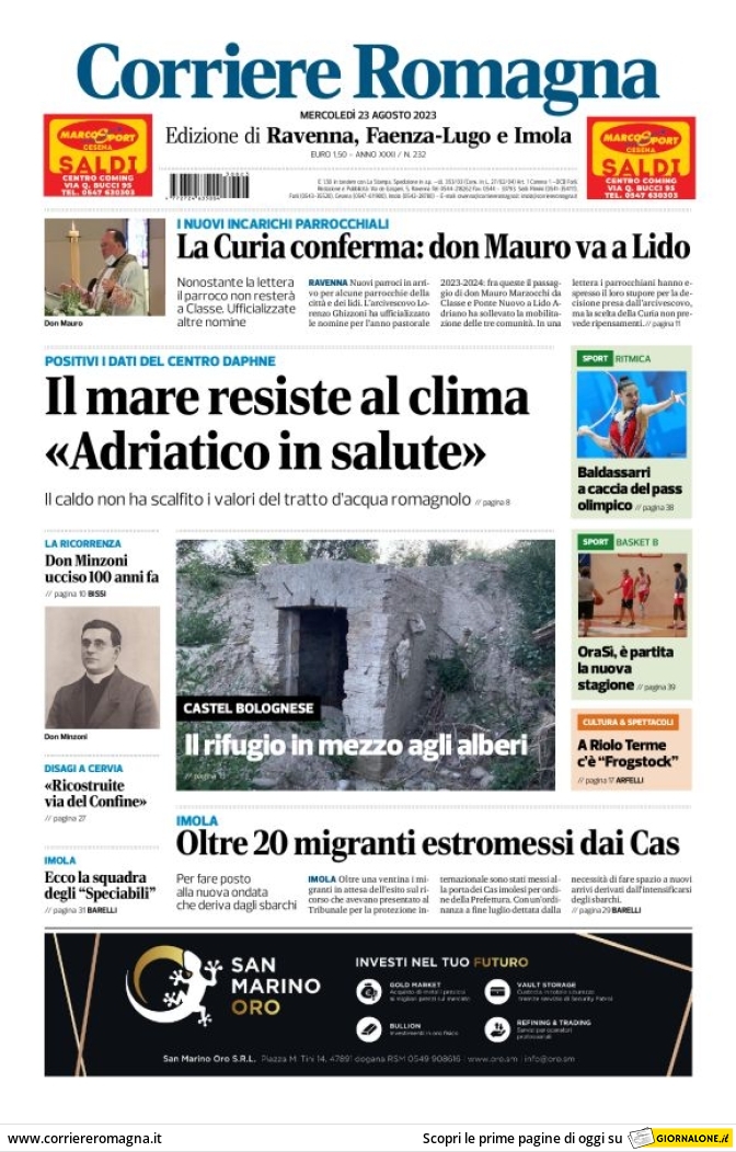 Prima Pagina Corriere Romagna (Ravenna Imola) 23/08/2023