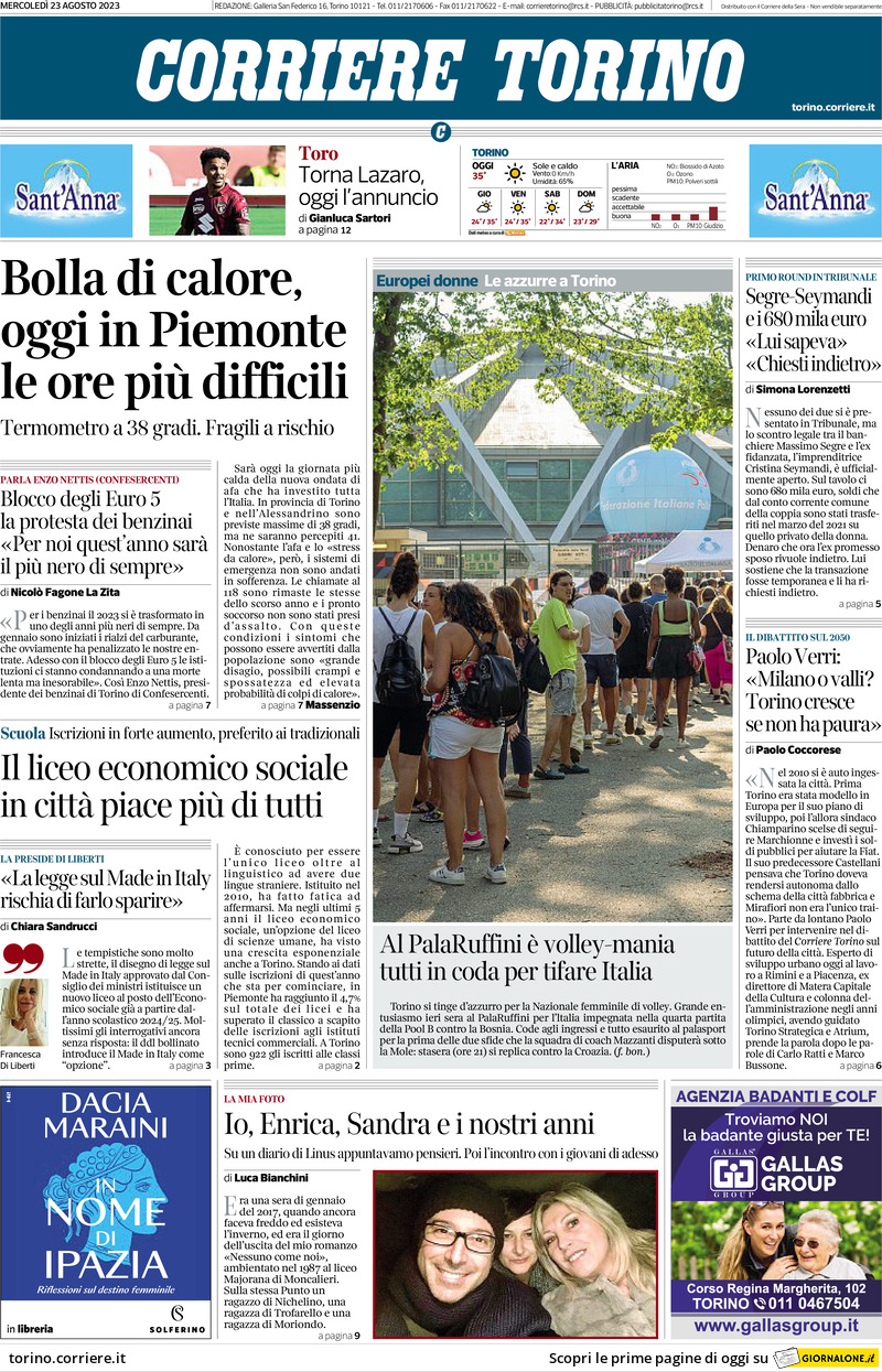 Prima Pagina Corriere Torino 23/08/2023
