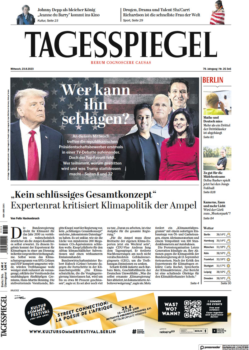 Prima Pagina Der Tagesspiegel 23/08/2023