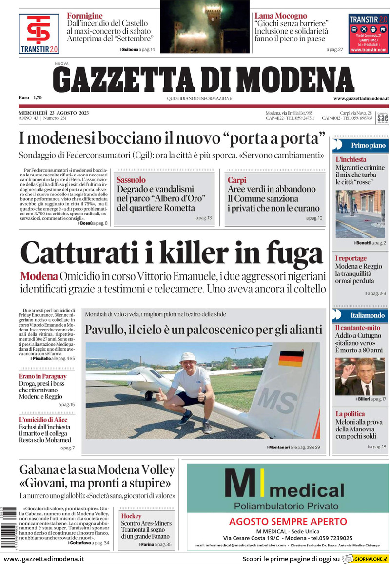 Prima Pagina Gazzetta di Modena 23/08/2023