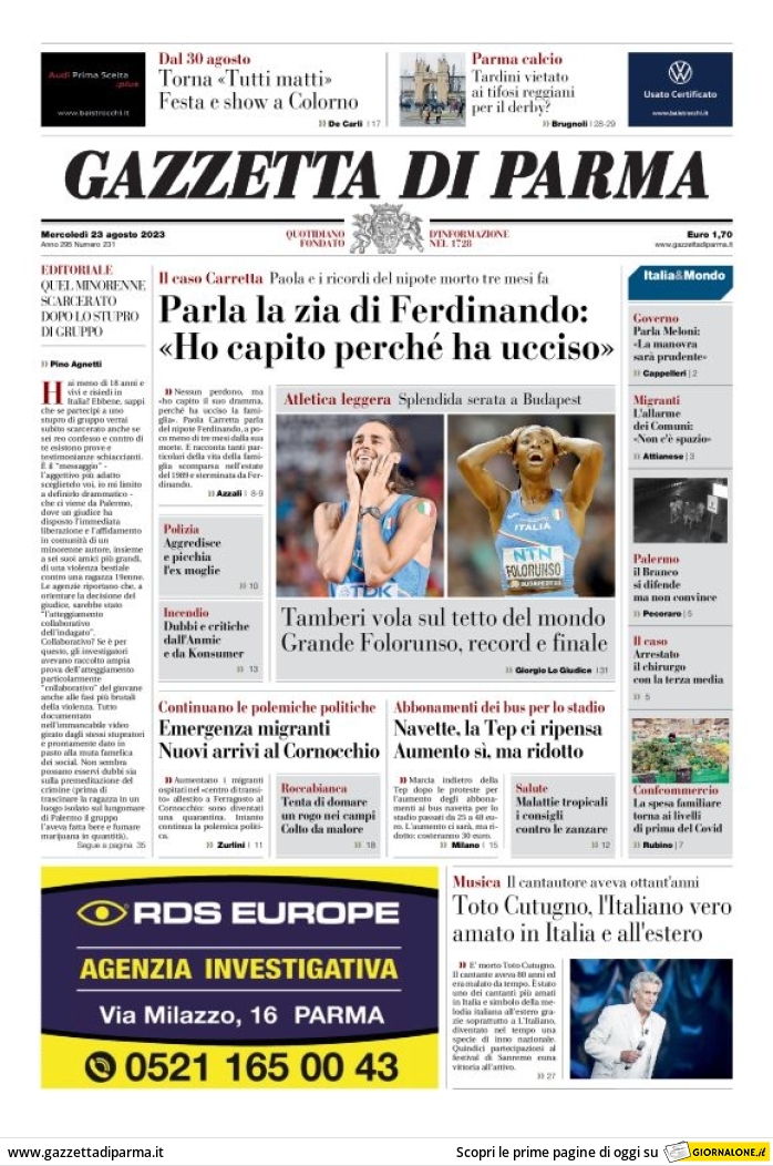 Prima Pagina Gazzetta di Parma 23/08/2023