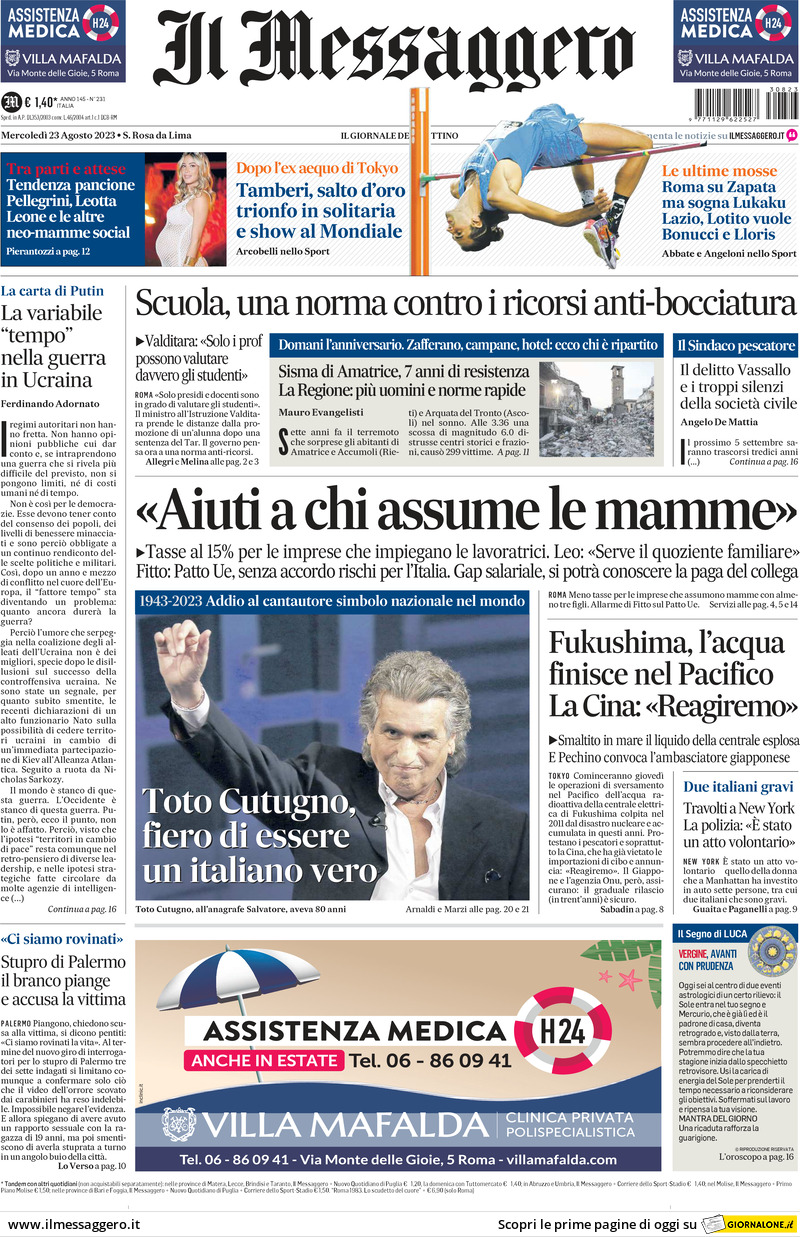 Prima Pagina Il Messaggero 23/08/2023