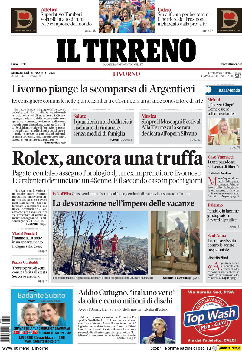 Prima Pagina Il Tirreno (Livorno) 23/08/2023