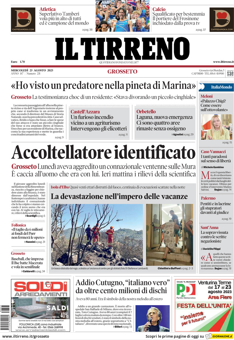 Prima Pagina Il Tirreno (Grosseto) 23/08/2023