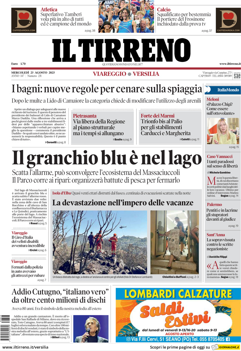 Prima Pagina Il Tirreno (Viareggio, Versilia) 23/08/2023