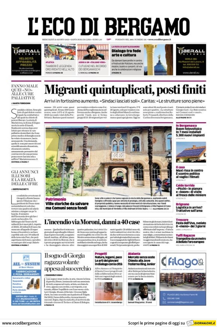 Prima Pagina L'Eco di Bergamo 23/08/2023