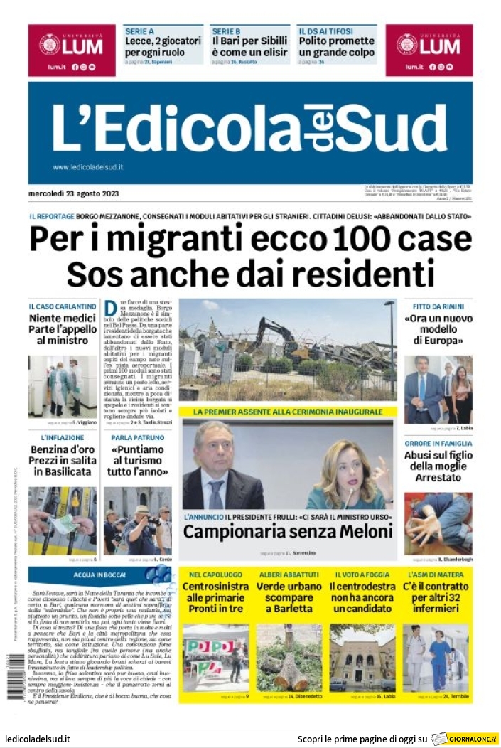 Prima Pagina L'Edicola del Sud (Bari) 23/08/2023