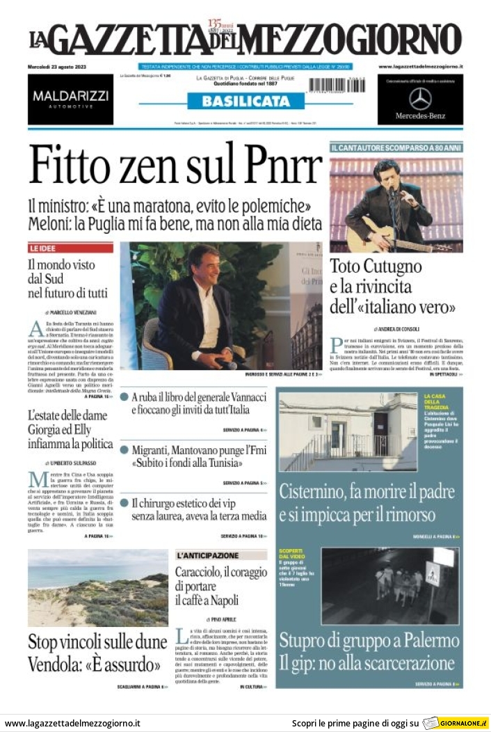 Prima Pagina La Gazzetta del Mezzogiorno (Basilicata) 23/08/2023