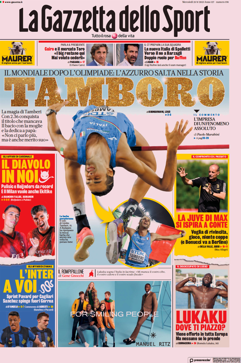 Prima Pagina La Gazzetta dello Sport 23/08/2023