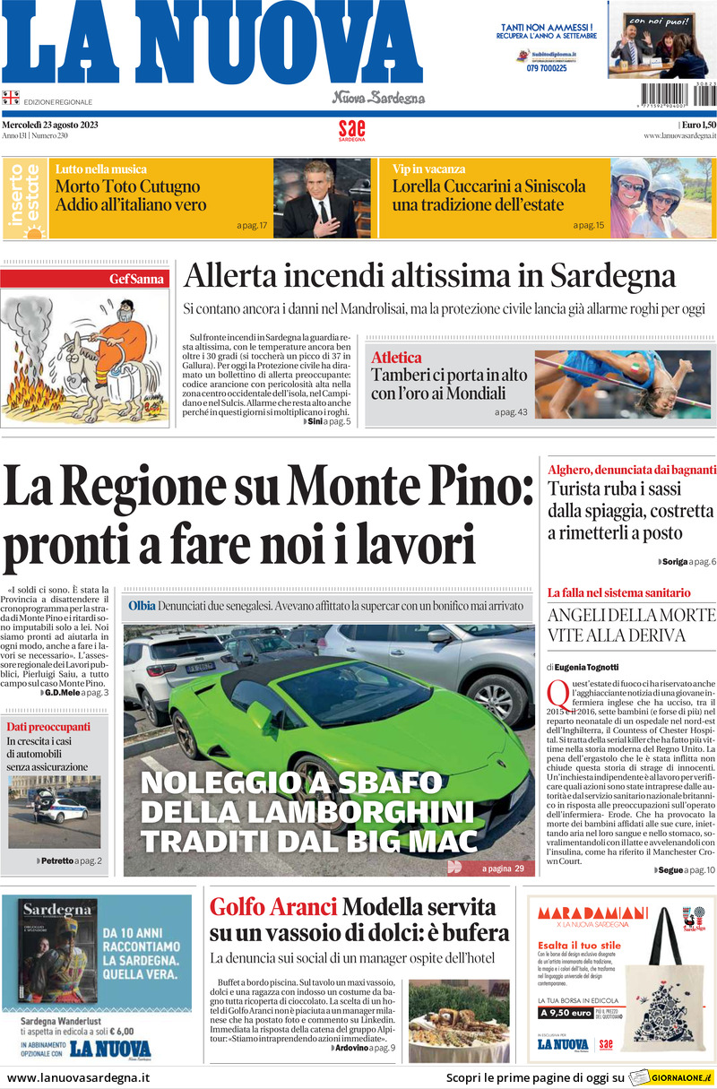 Prima Pagina La Nuova Sardegna 23/08/2023