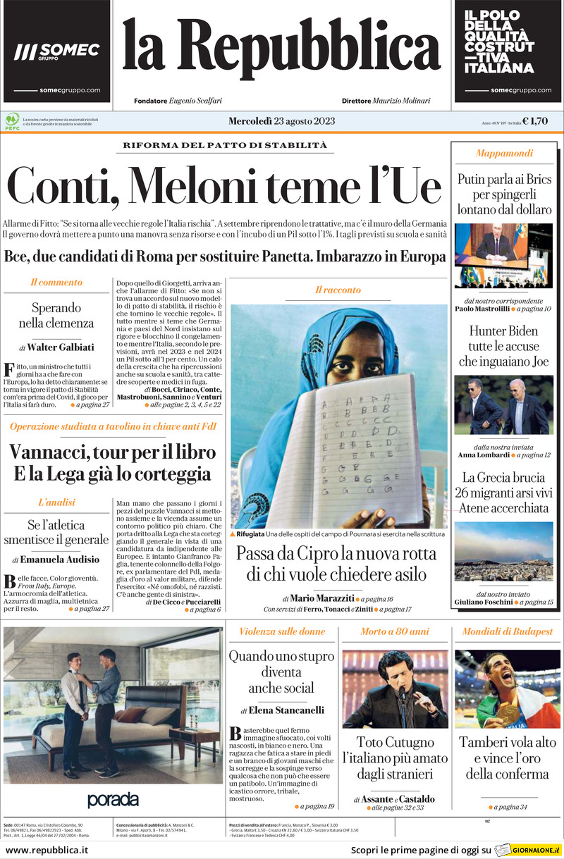 Prima Pagina La Repubblica 23/08/2023