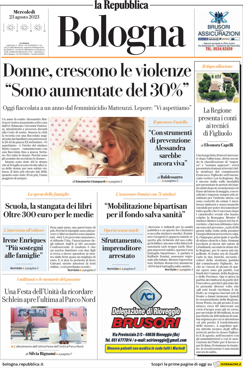 Prima Pagina La Repubblica (Bologna) 23/08/2023