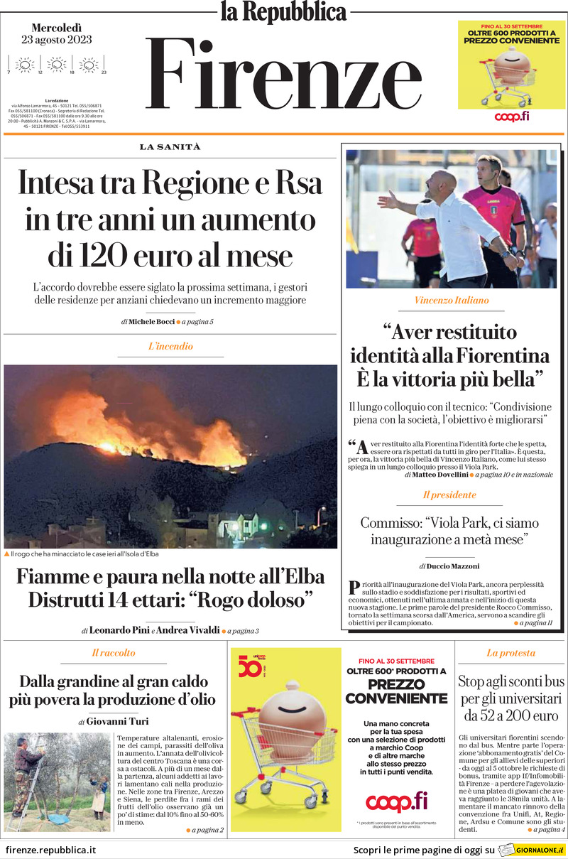 Prima Pagina La Repubblica (Firenze) 23/08/2023