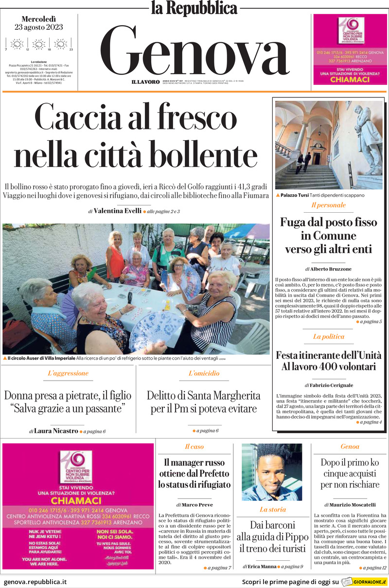 Prima Pagina La Repubblica (Genova) 23/08/2023