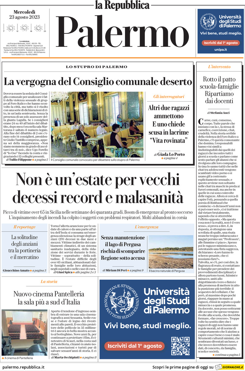 Prima Pagina La Repubblica (Palermo) 23/08/2023