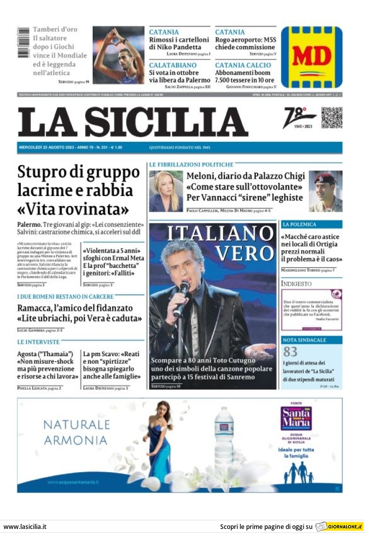 Prima Pagina La Sicilia 23/08/2023