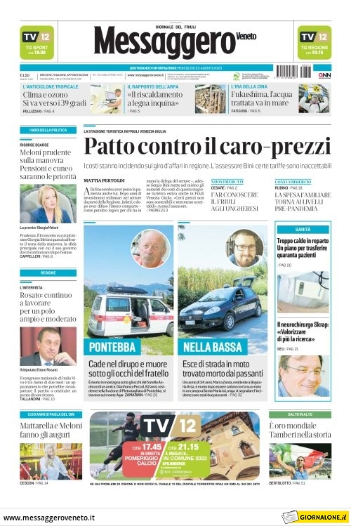 Prima Pagina Messaggero Veneto (Udine) 23/08/2023