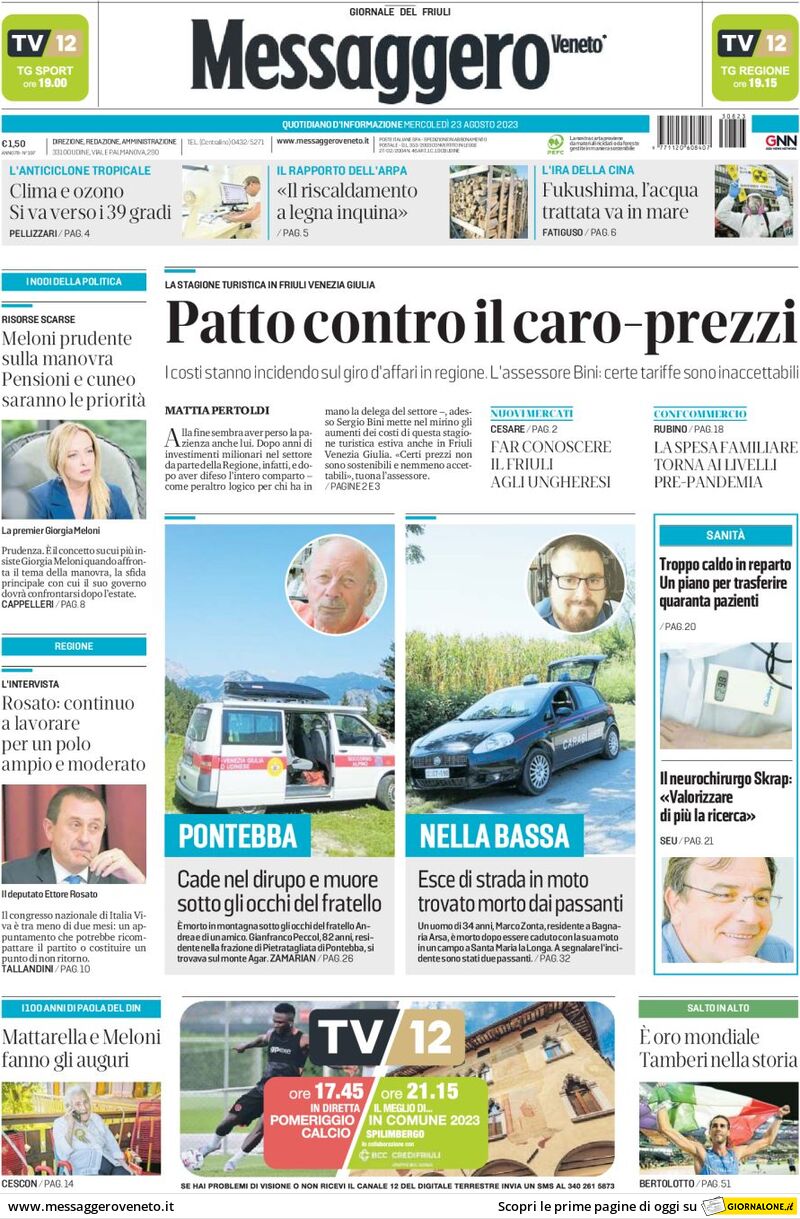 Prima Pagina Messaggero Veneto (Gorizia) 23/08/2023