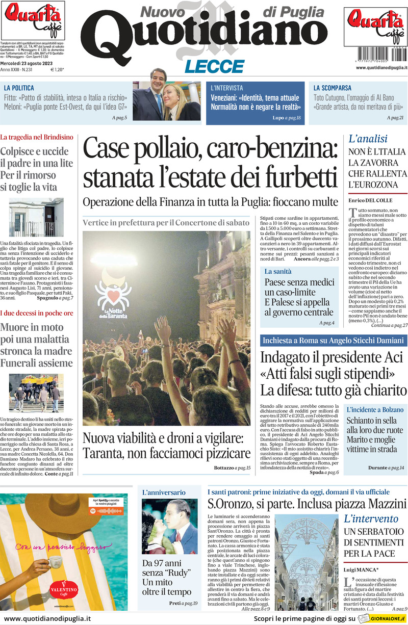 Prima Pagina Nuovo Quotidiano di Puglia (Lecce) 23/08/2023