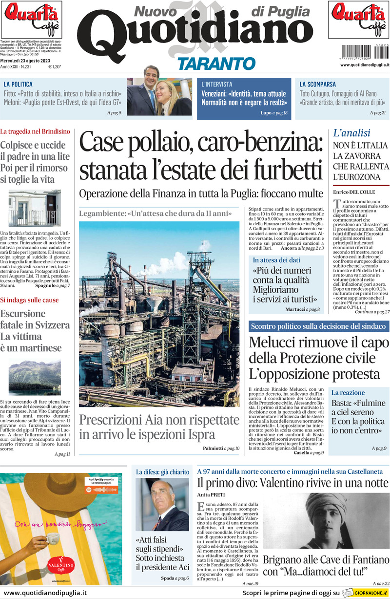 Prima Pagina Nuovo Quotidiano di Puglia (Taranto) 23/08/2023