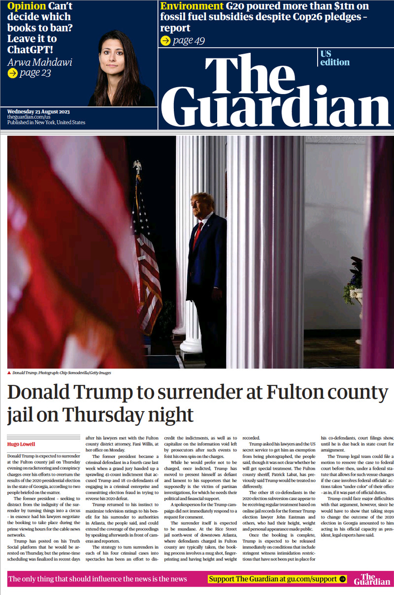 Prima Pagina The Guardian US 23/08/2023