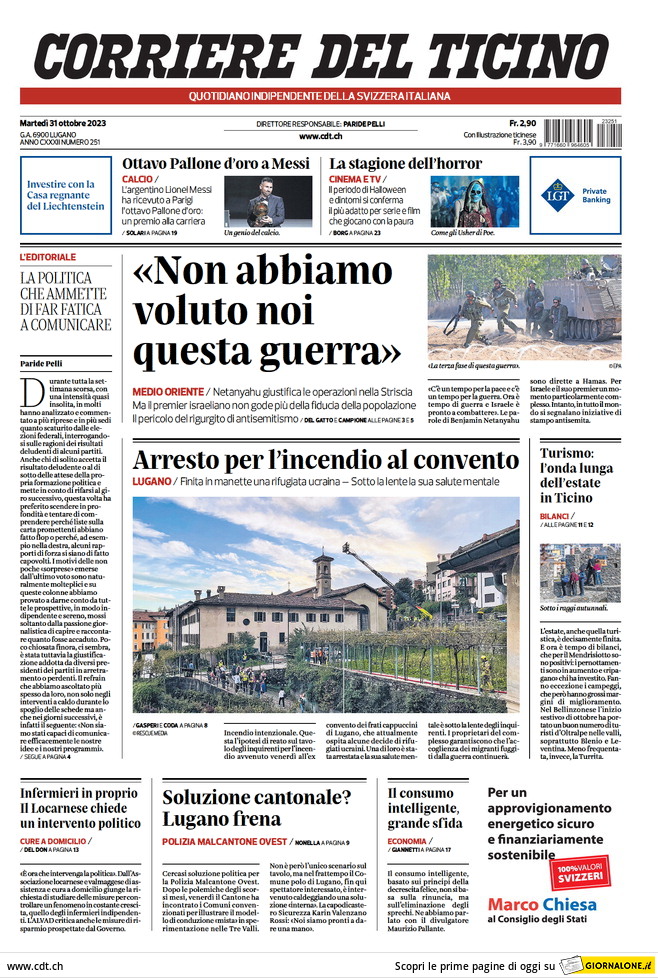Prima Pagina Corriere del Ticino 31/10/2023