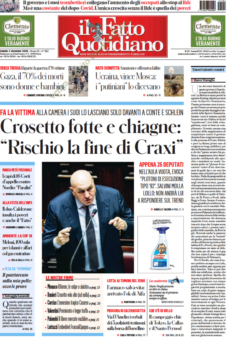 Prima Pagina Il Fatto Quotidiano 02/12/2023