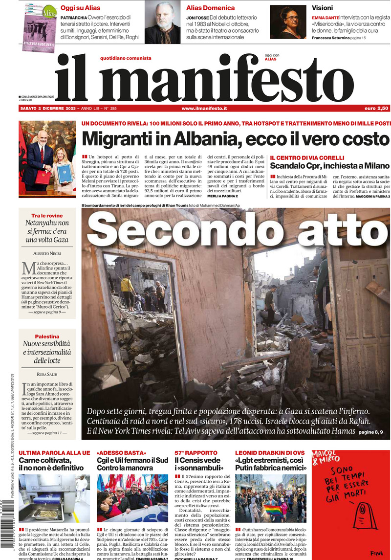 Prima Pagina Il Manifesto 02/12/2023