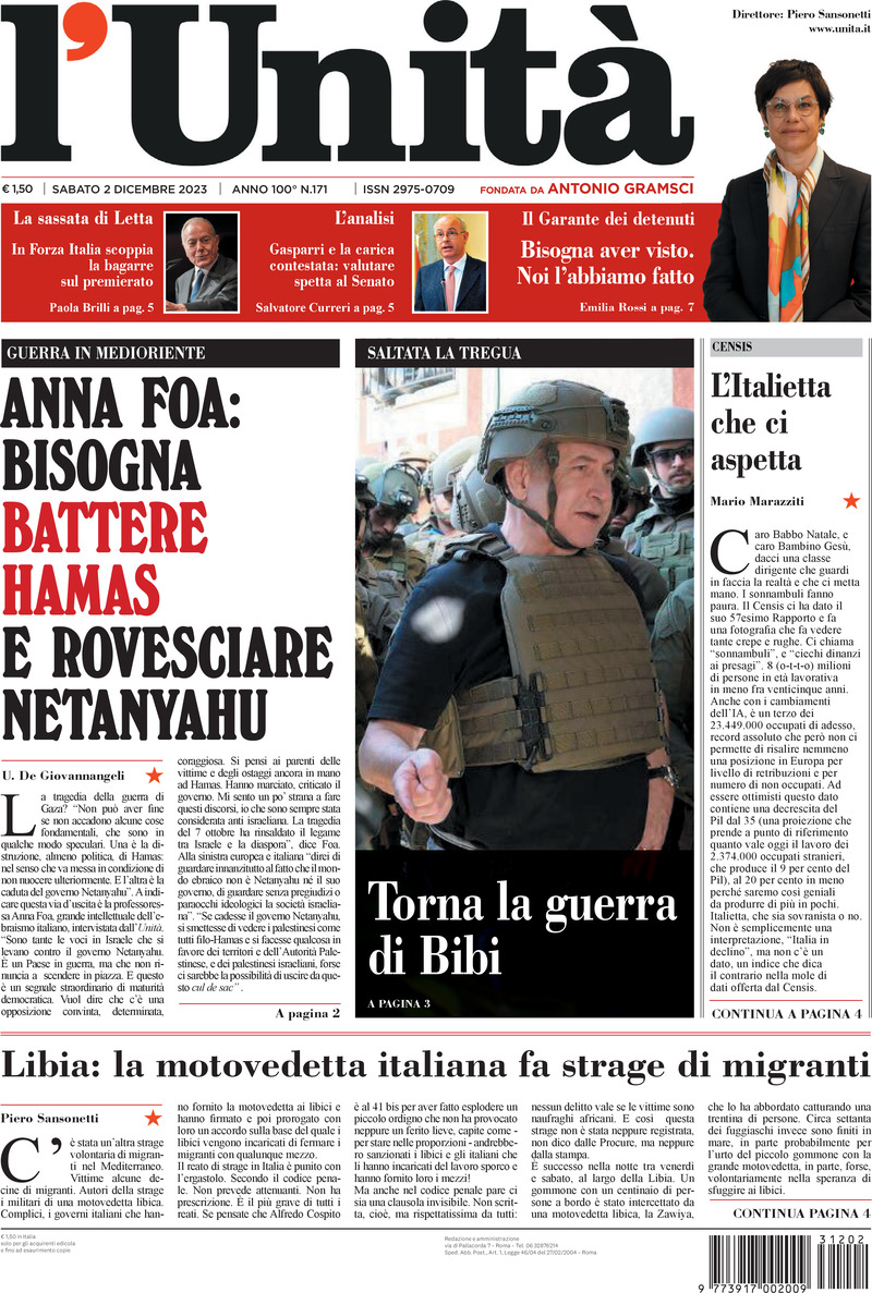 Prima Pagina L'Unità 02/12/2023