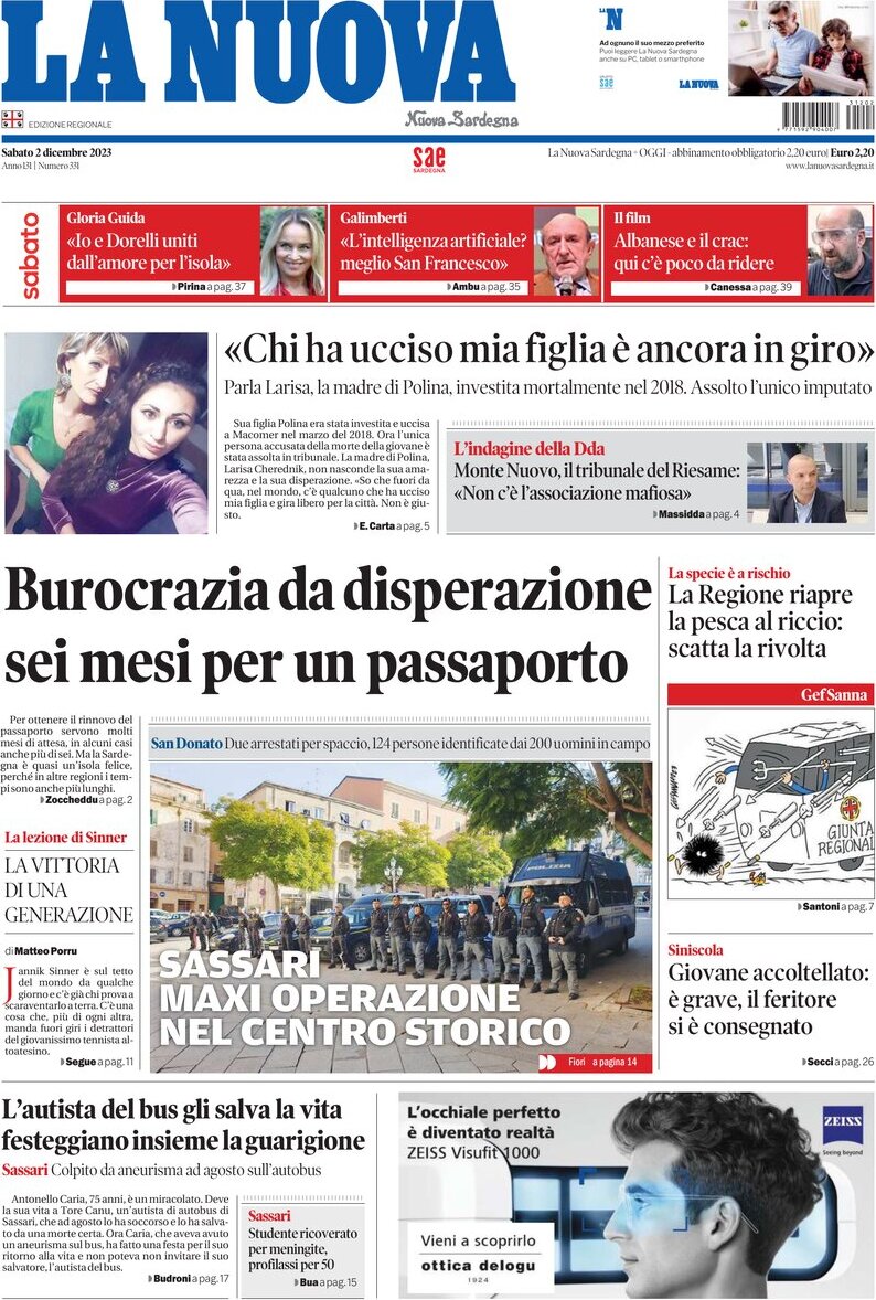 Prima Pagina La Nuova Sardegna 02/12/2023