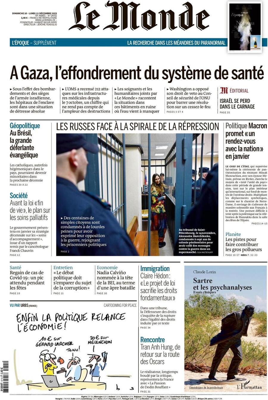 Prima Pagina Le Monde 11/12/2023