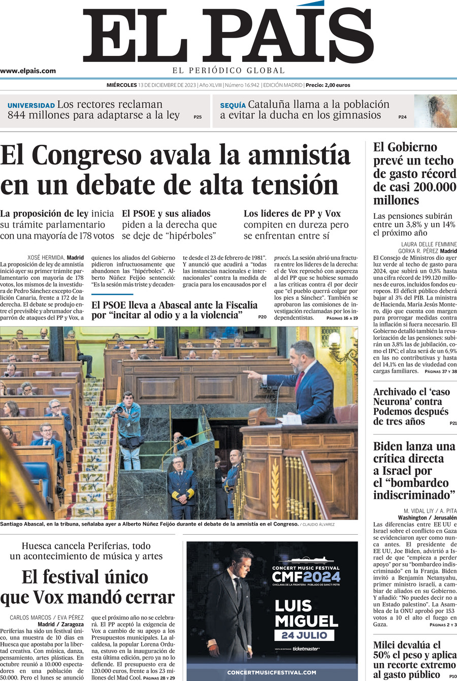 Prima Pagina El País 13/12/2023