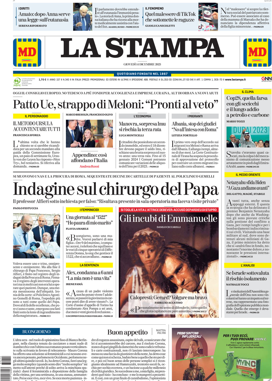 Prima Pagina La Stampa 14/12/2023